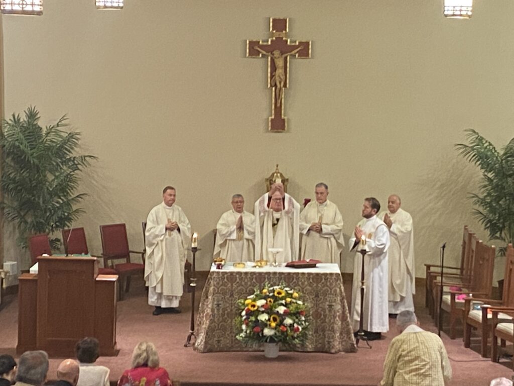 Cardinal Timothy Dolan (center) celebrates Mass at the St. John Vianney Clergy Residence in Riverdale, September 7, 2023. From left: Archdiocese of New York Auxiliary Bishop Edmund Whalen; Auxiliary Bishop Geraldo Colacicco; Cardinal Timothy Dolan; Bishop John Walsh (retired); Father Stephen Ries; Monsignor Joseph LaMorte, Vicar General of the Archdiocese of New York.