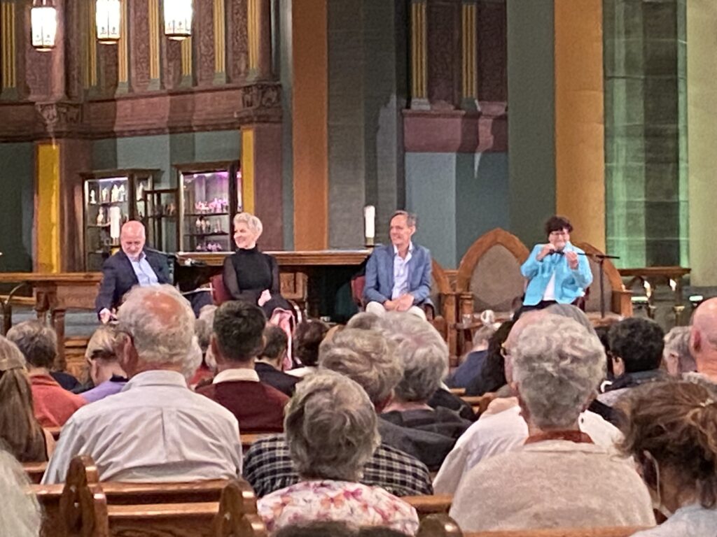 Sister Helen Prejean (right) discusses the opera adaptation of her 1993 book, "Dead Man Walking," September 22, 2023, at St. Paul the Apostle in Columbus Circle, Manhattan.