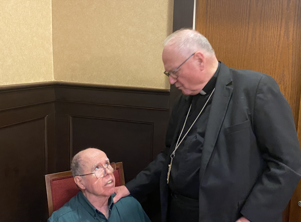 Cardinal Timothy Dolan visits with Monsignor Edward Straub, a resident of The Saint John Vianney Clergy Residence, September 7, 2023.