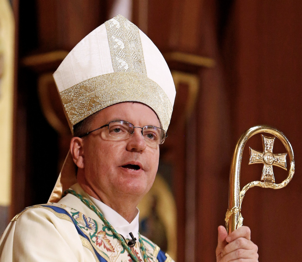 Bishop John O. Barres of Rockville Centre, N.Y., is seen imparting a blessing during Mass at St. Agnes Cathedral in this file photo from 2017.