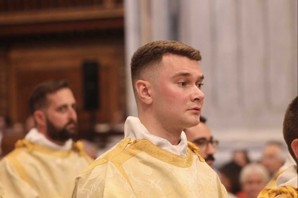 Archdiocese of New York seminarian Viktor Gjergji is pictured during the ordination to the transitional diaconate of of 18 seminarians at the Pontifical North American College in Rome, September 28, 2023.