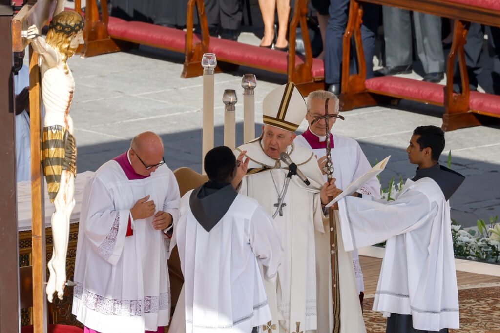 Pope Francis gives his blessing during his Mass opening the assembly of the Synod of Bishops in St. Peter’s Square at the Vatican on October 4, 2023.