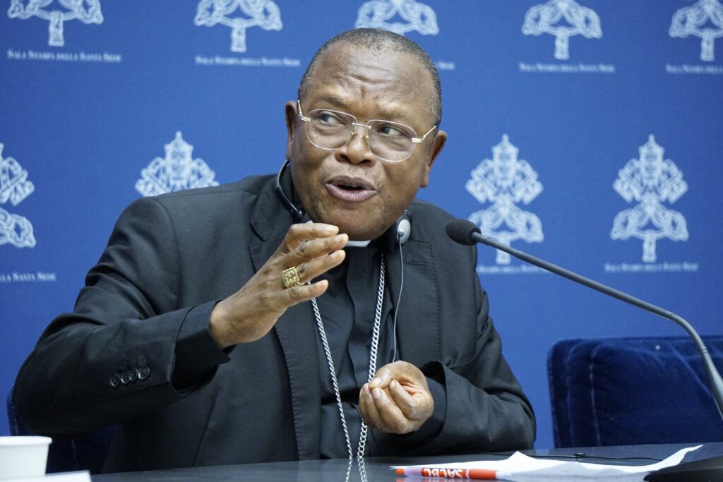 Cardinal Fridolin Ambongo of Kinshasa, Congo, president of the Symposium of Episcopal Conferences of Africa and Madagascar, speaks to reporters during a news conference at the Vatican on October 7, 2023.