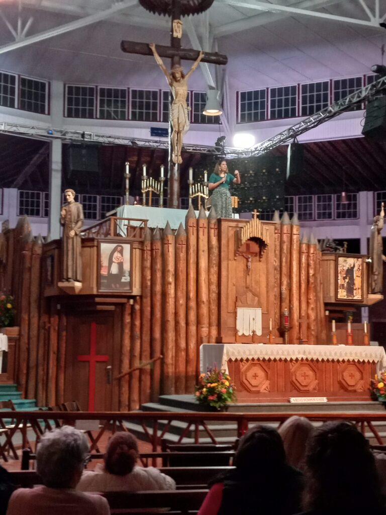 Mari Pablo during her talk at the New York State Eucharistic Congress, in Auriesville, New York, Friday, October 20, 2023.