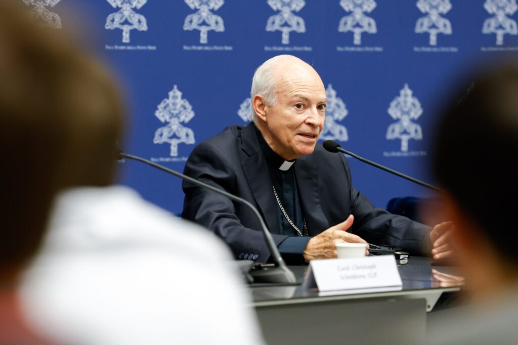 Cardinal Carlos Aguiar Retes of México City speaks during a briefing about the assembly of the Synod of Bishops at the Vatican on October 23, 2023.