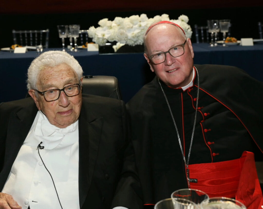 Dr. Henry A. Kissinger (left) joined Cardinal Timothy Dolan as the keynote speaker at the 78th Alfred E. Smith Foundation Dinner at the Park Avenue Armory in Manhattan, October 19, 2023.