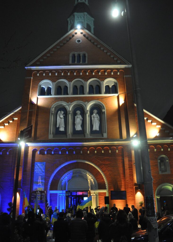 File photo outside of the Church of the Annunciation in Brooklyn, April 5, 2022. Bishop Robert Brennan of Brooklyn will preside over a Mass of Reparation after a musician used the church for a music video.