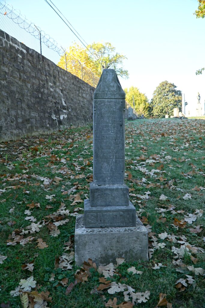 A headstone seen in an undated photo marks the burial site of the late James Madison Smith Sr. and Catherine "Kitty" Smith, formerly enslaved Catholics, in St. Louis Cemetery in Louisville, Kentucky. The free married couple are being recognized as agents of the Underground Railroad by the U.S. Department of the Interior's National Park Service.