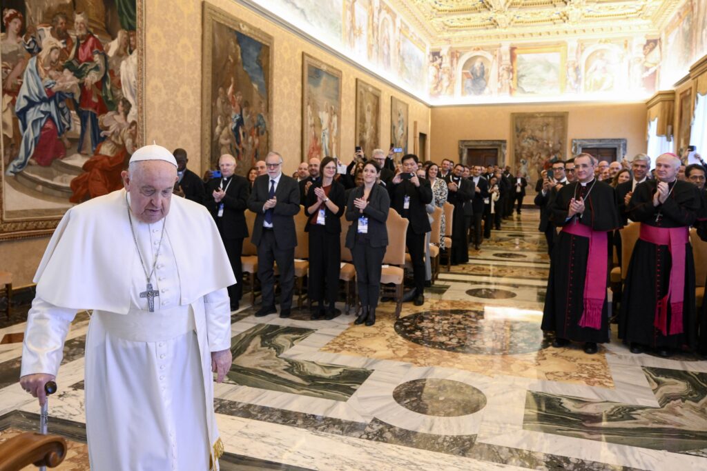 Pope Francis arrives for a meeting of university chaplains, sponsored by the Dicastery for Culture and Education, in the Apostolic Palace at the Vatican November 24, 2023.