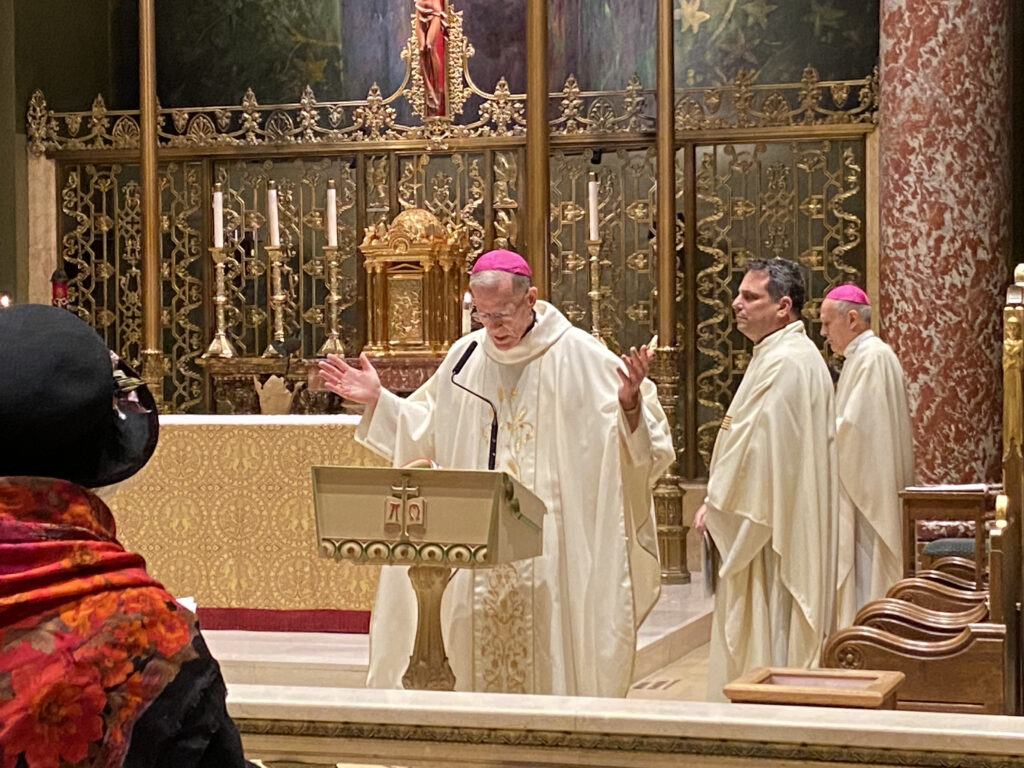 John C. Wester, Archbishop of Santa Fe (center), begins Mass at the Church of Our Savior on Park Avenue in Manhattan, November 29, 2023. Archbishop Gabriele Caccia, Permanent Observer of the Holy See to the United Nations (right, wearing zucchetto), and Father Enzo Del Brocco, C. P. (second right), concelebrated Mass, along with Monsignor Kevin O'Sullivan (not pictured).