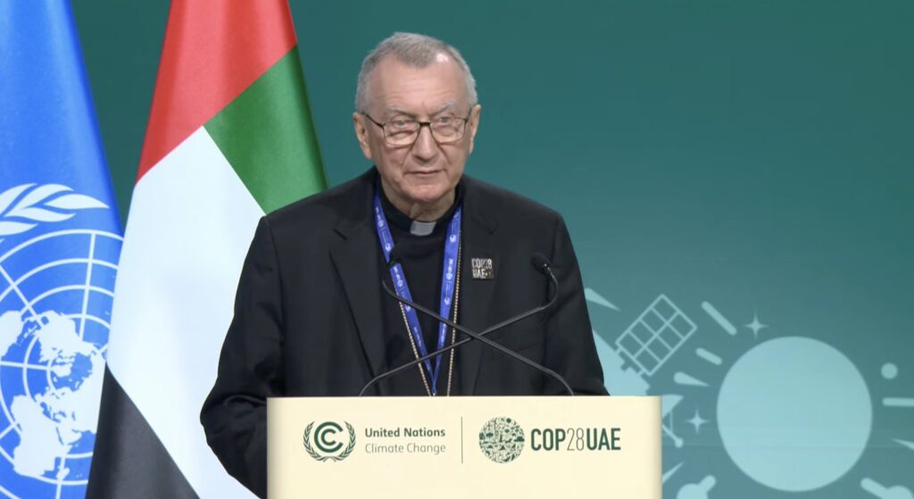 Cardinal Pietro Parolin, Vatican secretary of state, is seen in this screen grab reading Pope Francis' speech to COP28, the U.N. Climate Change Conference, on December 2, 2023, in Dubai, United Arab Emirates.