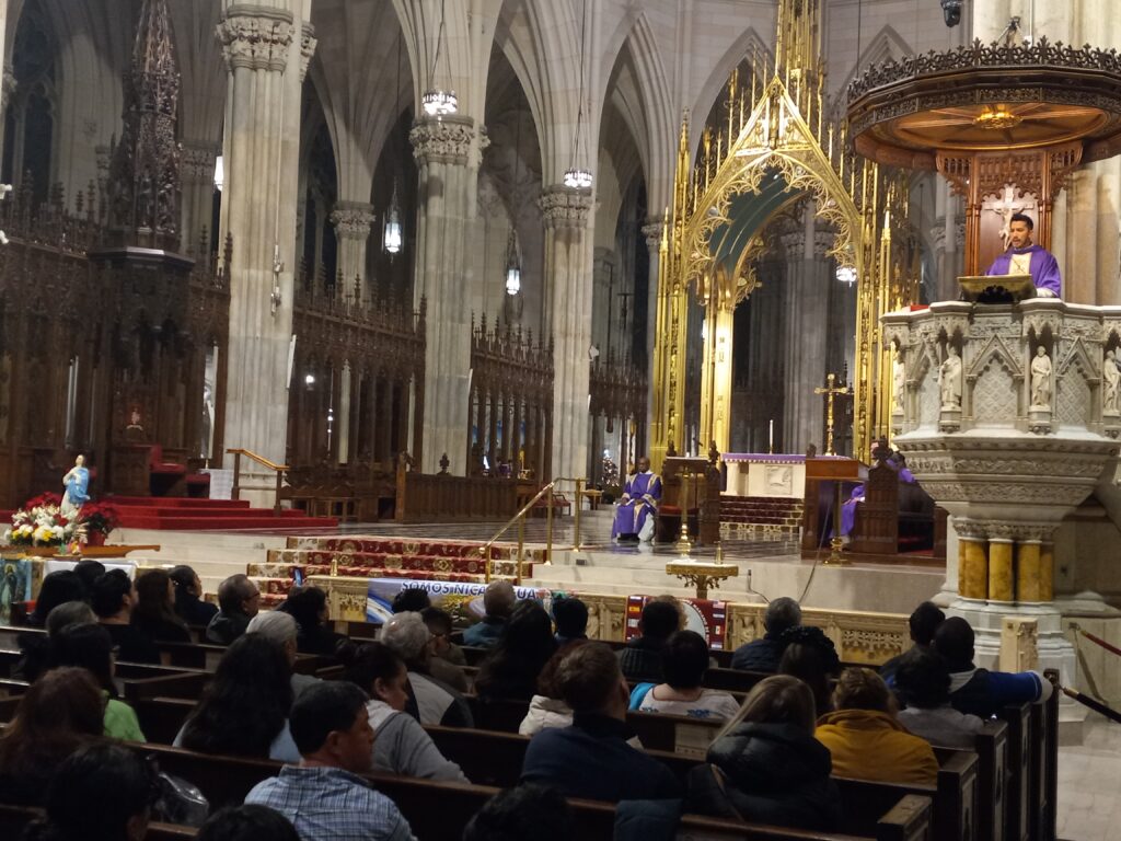 Father Gabriel Curtis delivers the homily during the annual Our Lady of Purisima Mass at St. Patrick's Cathedral, Sunday, December 3, 2023.