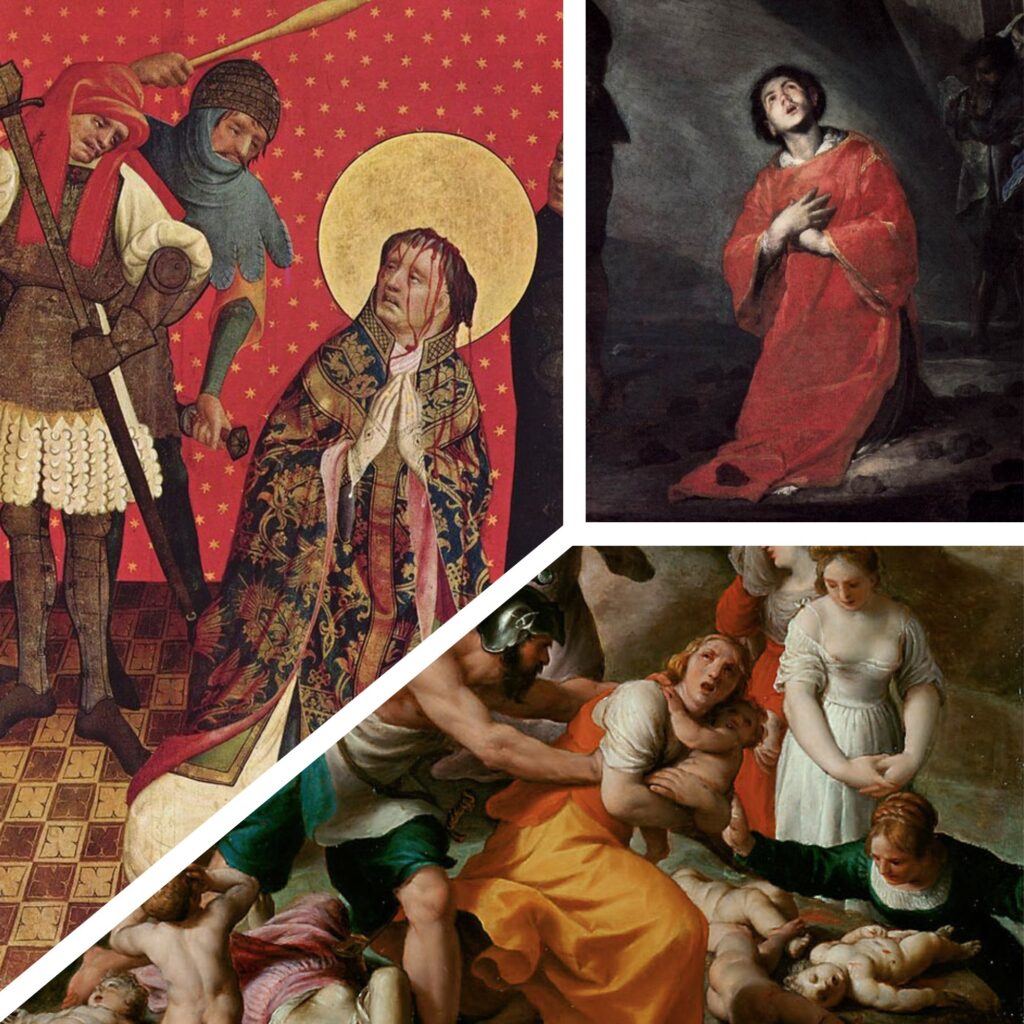 A collage depicting the martyrdom of St. Thomas Becket, St. Stephen, and the Holy Innocents, who are remembered by the Church between Christmas Day and New Year's Day.