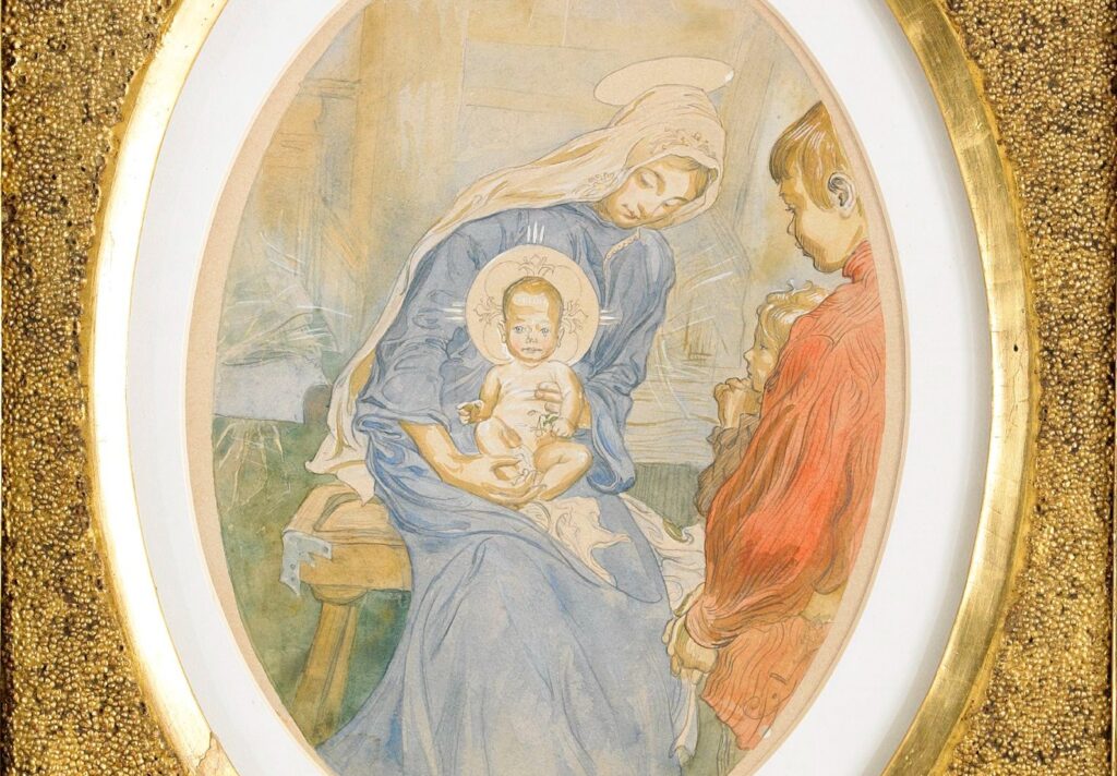 A detail from a framed display of "The Virgin Mary with Baby Jesus" Carl Larsson's watercolor from 1895.