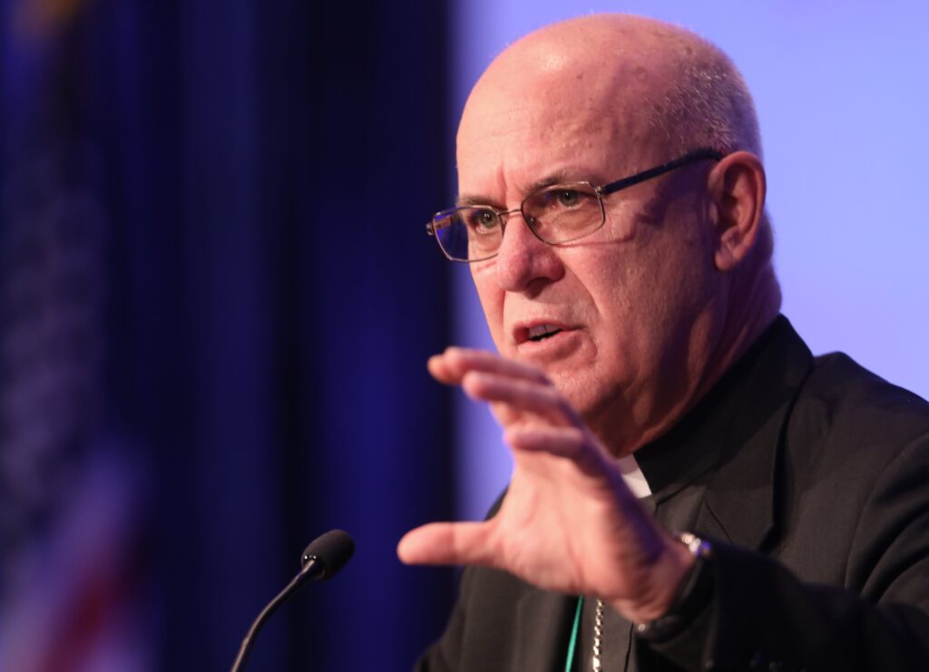 Bishop Kevin C. Rhoades of Fort Wayne-South Bend, Indiana, chairman of the U.S. bishops' Committee on Doctrine, speaks during a November 17, 2021, session of the bishops' fall general assembly in Baltimore.