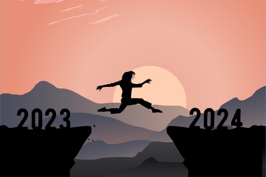 A depiction of a woman leaping into the new year with enthusiasm.