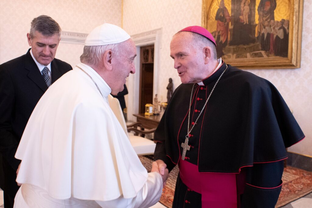 Pope Francis greets Bishop David M. O'Connell of Trenton, New Jersey, during a meeting with American bishops from New Jersey and Pennsylvania in the Apostolic Palace at the Vatican on November 28, 2019.