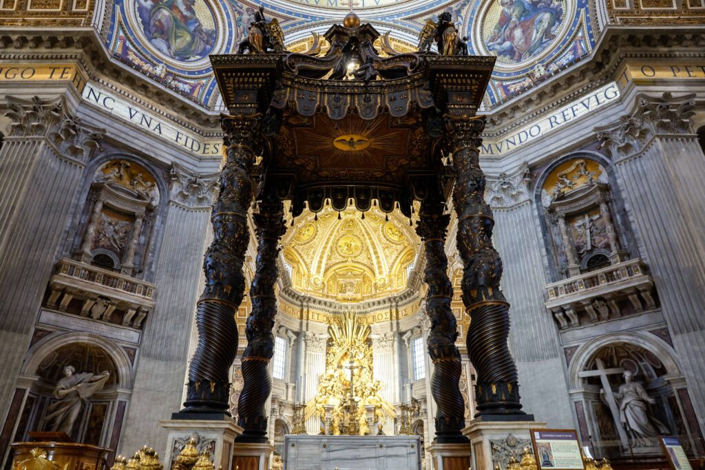 The baldachin, or canopy, standing over the tomb of St. Peter is seen in in this file photo taken in St. Peter's Basilica at the Vatican October 9, 2023.