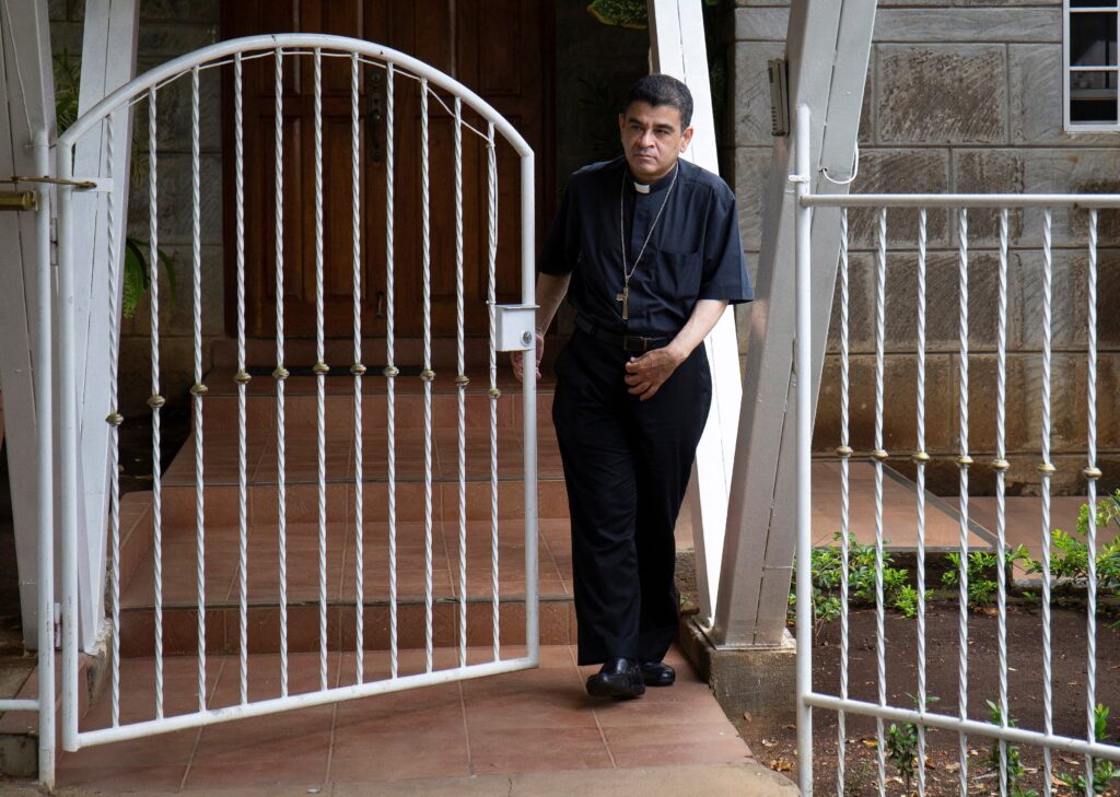 Nicaraguan Bishop Rolando Álvarez of Matagalpa walks outside a Catholic church in Managua May 20, 2022. After more than 500 days' detention, the Ortega regime released the prelate, who has been the Nicaraguan government's most prominent critic, from prison January 14, 2023, and sent him into exile along with 18 other imprisoned churchmen. Bishop Álvarez safely landed in Rome January 14, The Vatican confirmed.