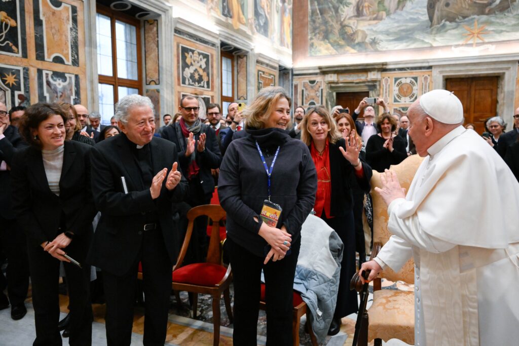 Pope Francis meets with members of the International Association of Journalists Accredited to the Vatican in the Clementine Hall of the Apostolic Palace at the Vatican on January 22, 2024.