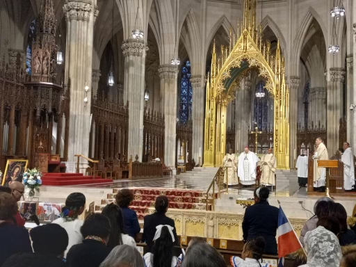 Auxiliary Bishop Joseph Espaillat and concelebrants during prayer at the start of the annual Our Lady of Altagracia Mass at St. Patrick's Cathedral, Sunday, January 14, 2024.