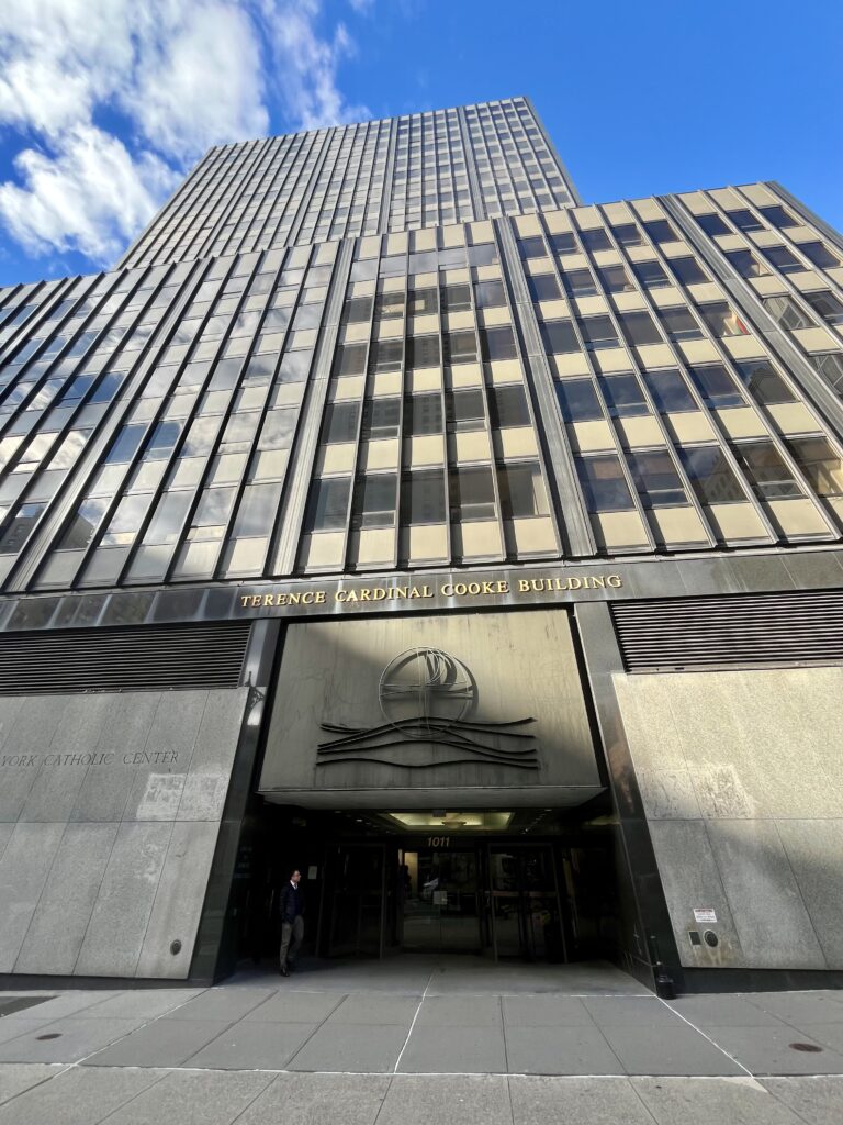 The Terence Cardinal Cooke Center, at 1011 First Avenue in Manhattan, has been the headquarters of the Archdiocese of New York since 1973.