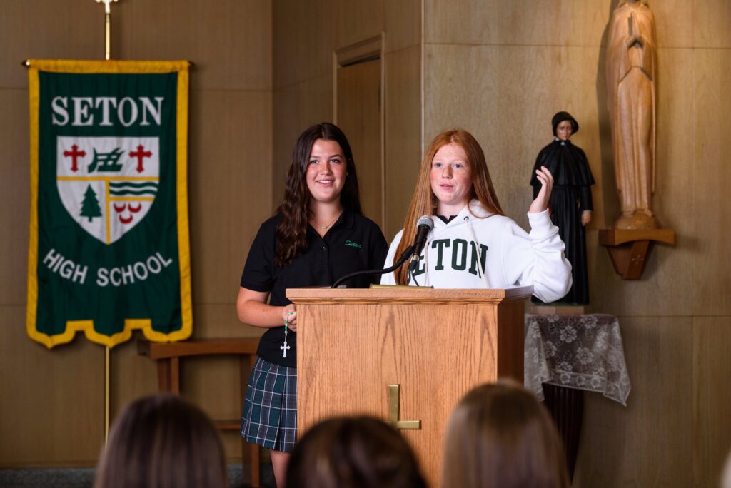 Students are pictured in an undated photo during a school Mass in the chapel at Seton High School in Cincinnati.
