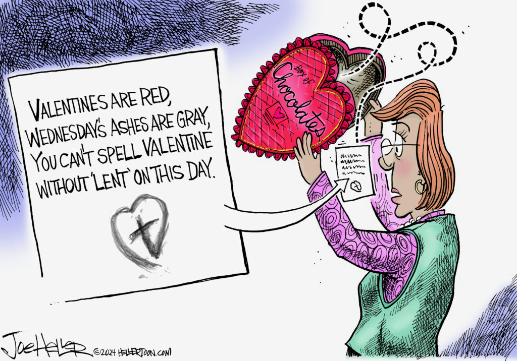 This cartoon depicts Ash Wednesday and Valentine's Day, both observed February 14, 2024.