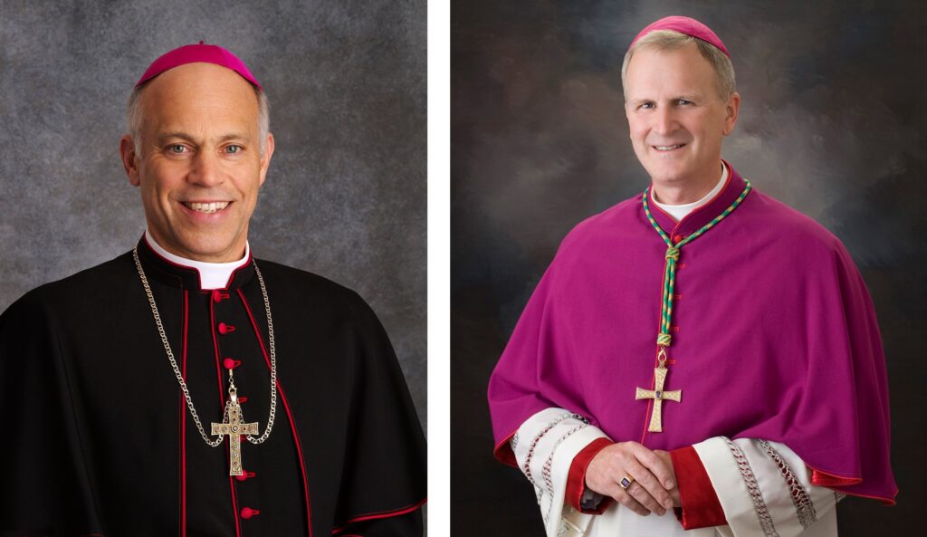 Archbishop Salvatore J. Cordileone of San Francisco and Bishop James V. Johnston Jr. of Kansas City-St. Joseph, Missouri, are pictured in a combination photo.