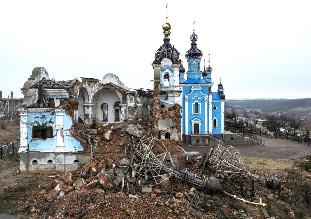 A church destroyed by a Russian attack on the village of Bohorodychne in Ukraine's Donetsk region is pictured February 13, 2024.
