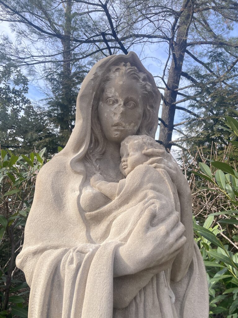 A statue of the Blessed Virgin Mary on the north lawn of the grounds of the Basilica of the National Shrine of the Immaculate Conception in Washington was vandalized February 15, 2024.