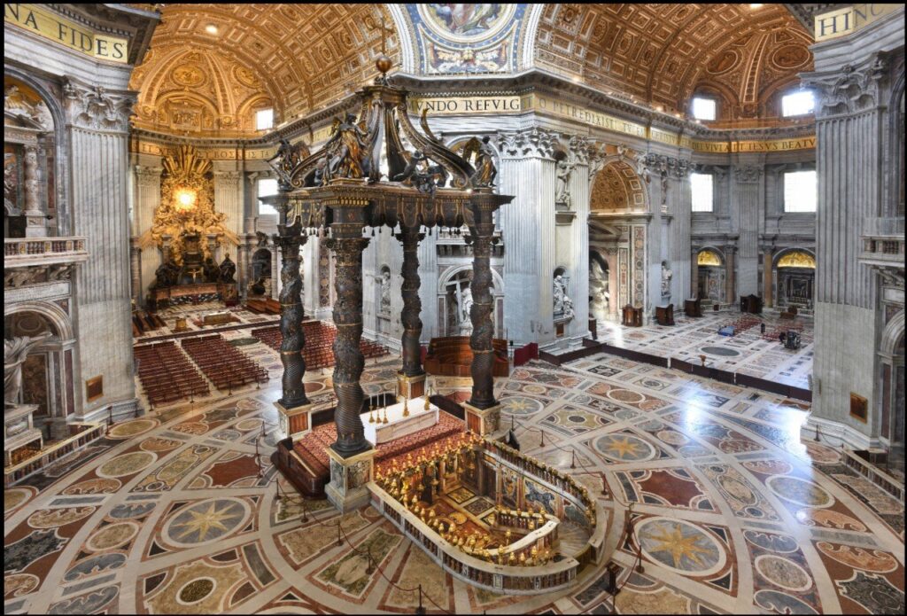 The baldachin over the main altar of St. Peter's Basilica at the Vatican can be seen in this undated photo. Designed by Gian Lorenzo Bernini in 1624 and completed around 1633, it was being renovated in 2024 in time for the start of the Holy Year. (CNS photo/Fabbrica di San Pietro)