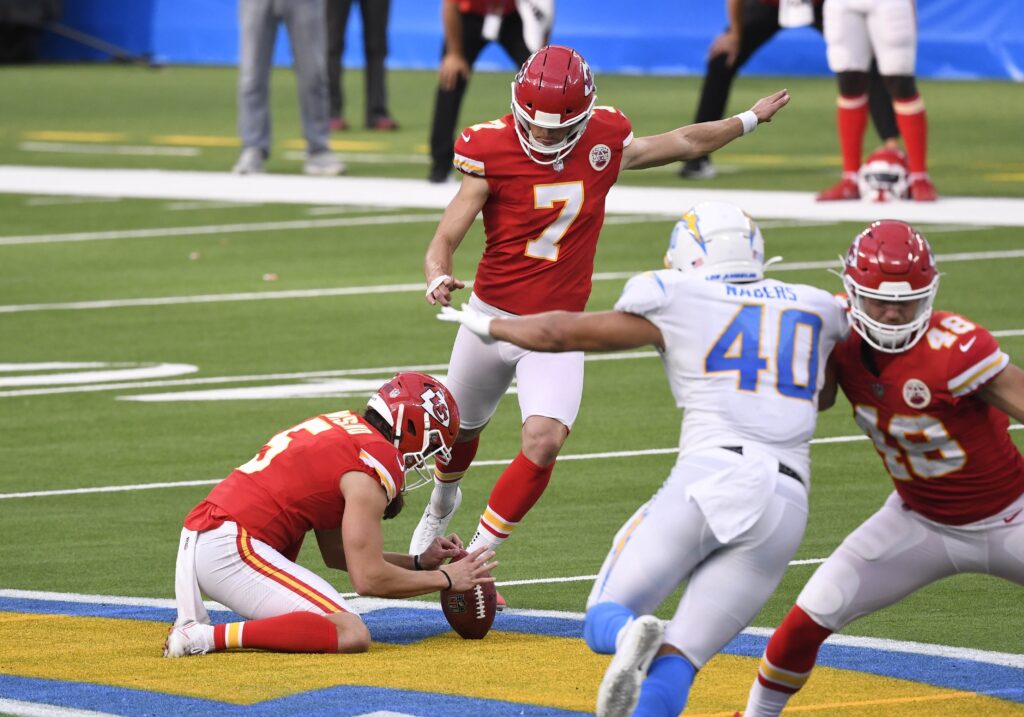 Kansas City Chiefs kicker Harrison Butker kicks the game-winning 58-yard field goal against the Los Angeles Chargers during overtime at SoFi Stadium in Inglewood, California, on September 20, 2020. Butker donated a jersey and sent a touching message to the family of Lisa Lopez-Galvan, the Catholic mother killed during a mass shooting at the Kansas City Chiefs Super Bowl parade on February 14, 2024, Ash Wednesday. (OSV News photo/Robert Hanashiro, USA TODAY Sports via Reuters)
