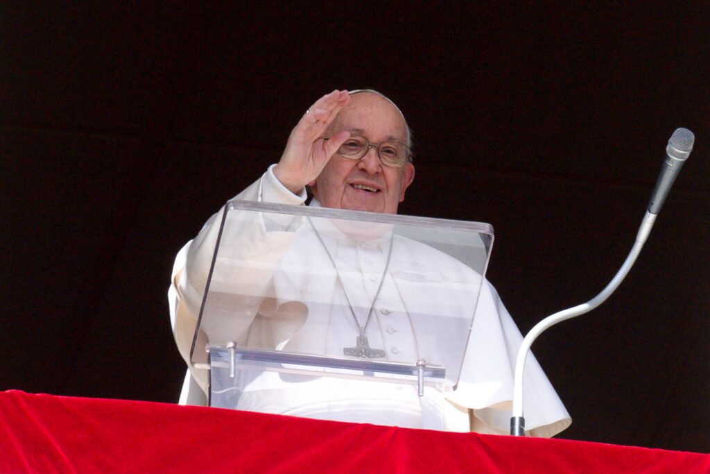 Pope Francis greets visitors gathered to pray the Angelus in St. Peter’s Square at the Vatican on February 25, 2024.