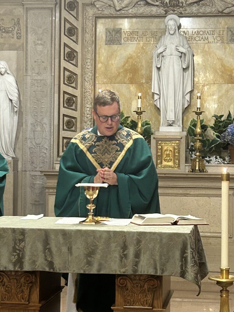 Father Sean P. Hagerty during a Mass in Fall 2023 at the student chapel of Regis High School in Manhattan.