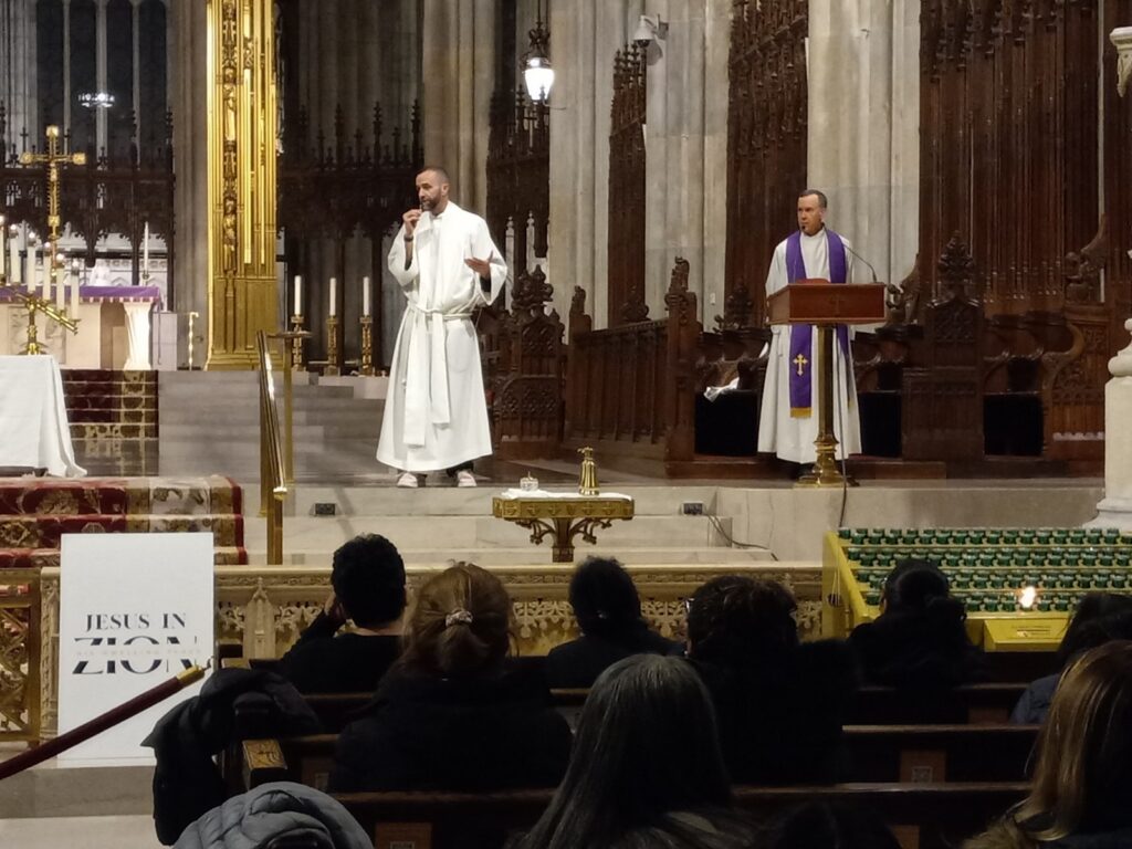 Father Vincent Druding, left, and Father Donald Haggerty during Jesus in Zion at St. Patrick's Cathedral, Thursday, February 15, 2024.