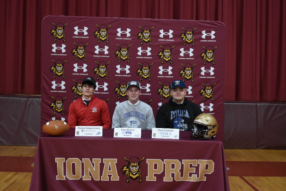 Three Iona Preparatory School student-athletes committed to play collegiate sports at a National Signing Day event on February 7, 2024. L-R: Dylan Iorgoveanu, 17 (Queens, NY) Stony Brook University (DI Football); Sam Bisesi, 18 (New Canaan, CT) Texas Christian University (DI Football); Dan Pauletti, 17 (Rye Brook, NY) Ithaca College (DIII Football).