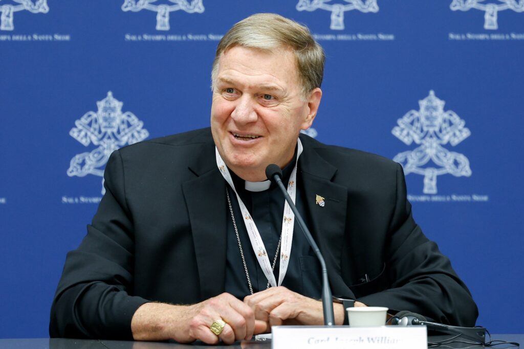 Cardinal Joseph W. Tobin of Newark, New Jersey, speaks during a briefing about the assembly of the Synod of Bishops at the Vatican on October 10, 2023.