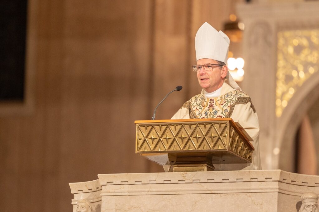 Bishop Michael F. Burbidge of Arlington, Virginia, chairman of the U.S. Catholic bishops' Committee on Pro-Life Activities, delivers the homily during the opening Mass of the National Prayer Vigil for Life January 18, 2024, at the Basilica of the National Shrine of the Immaculate Conception in Washington.