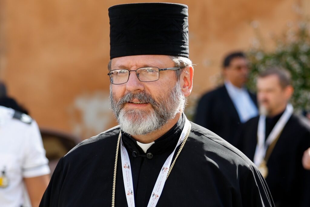 Major Archbishop Sviatoslav Shevchuk of Kyiv-Halych, Ukraine, head of the Ukrainian Catholic Church, leaves the Vatican's Paul VI Audience Hall October 6, 2023, after the morning session of the assembly of the Synod of Bishops.