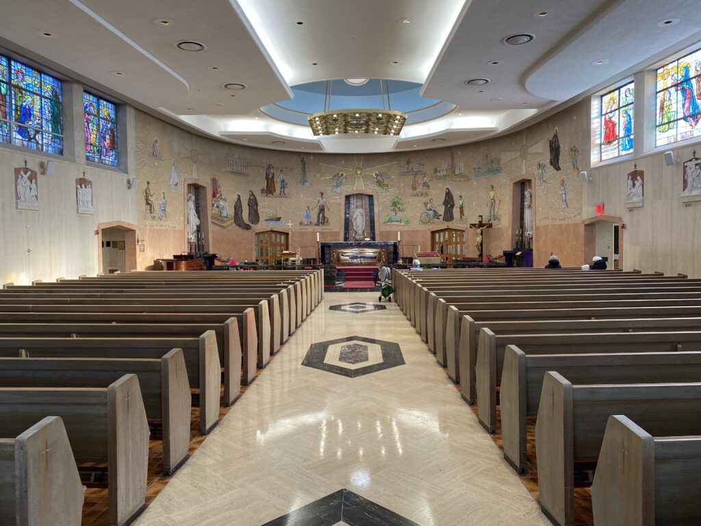 The sanctuary at the St. Frances Xavier Cabrini Shrine in northern Manhattan is shown, with its altar enshrining the remains of St. Frances Xavier Cabrini.