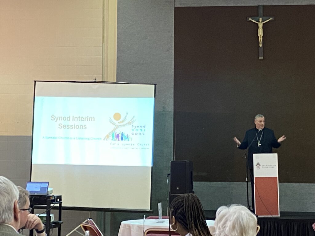 Archdiocese of New York Auxiliary Bishop John Bonnici welcomes attendees of the Synod on Synodality interim session at St. Joseph's Seminary, Saturday, March 23, 2024.