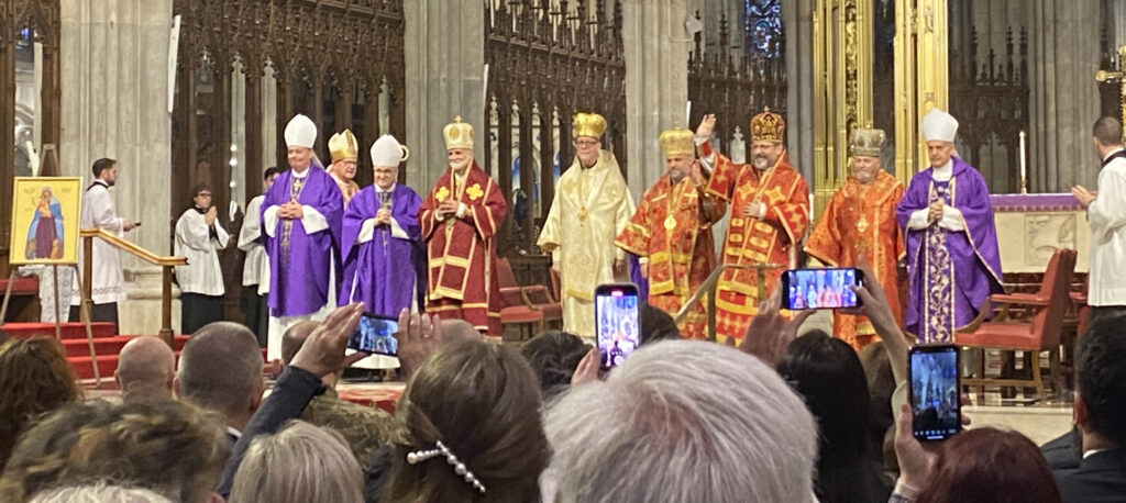 Ukrainian Greek Catholic Church leaders, including Major Archbishop Sviatoslav Shevchuk of Kyiv-Halych (third from right, waving), concelebrated Mass at St. Patrick's Cathedral in Manhattan, March 10, 2024.