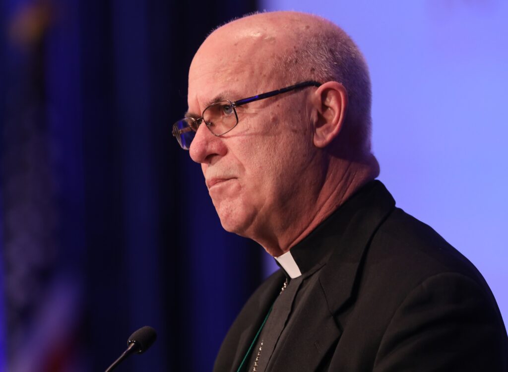 Bishop Kevin C. Rhoades of Fort Wayne-South Bend, Indiana, chairman of the U.S. bishops' Committee on Doctrine, listens to a question during a November 17, 2021, session of the bishops' fall general assembly in Baltimore.