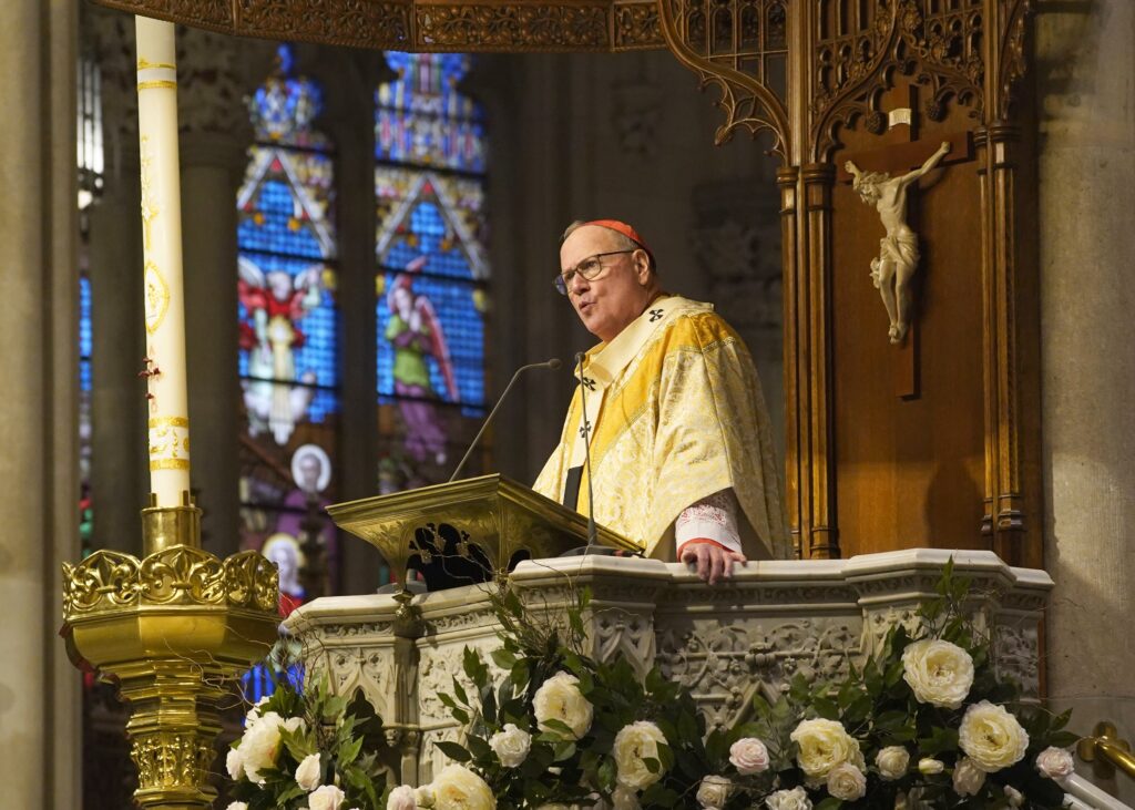 New York Cardinal Timothy M. Dolan delivers his homily during Easter Mass at St. Patrick's Cathedral in New York City March 31, 2024. Cardinal Dolan will visit Israel and Palestine April 12-18 in his role as chair of Catholic Near East Welfare Association.