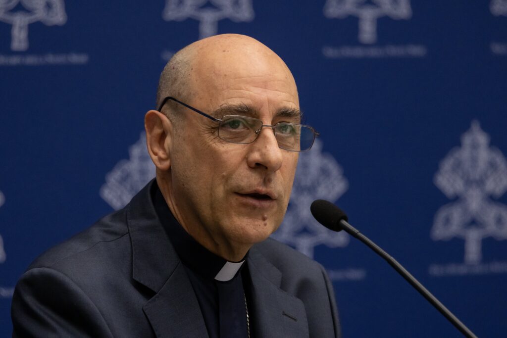 Cardinal Víctor Manuel Fernández, prefect of the Dicastery for the Doctrine of the Faith, speaks at a news conference to present the dicastery's declaration, "Dignitas Infinita" ("Infinite Dignity") on human dignity at the Vatican press office on April 8, 2024.