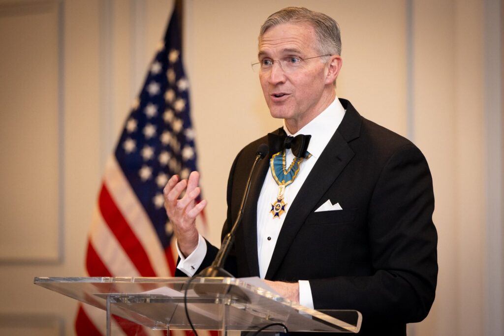 Supreme Knight Patrick E. Kelly of the Knights of Columbus speaks at the John Carroll Society's 38th annual awards dinner April 13, 2024, at the Four Seasons Hotel In Washington.