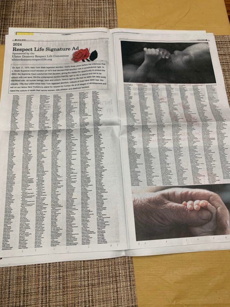 Two full pages of the Daily Freeman, the daily newspaper of Kingston, the county seat of Ulster County, featured the signatures of more than 1,400 individuals in support of the pro-life declaration of the [http://www.ulsterdeaneryrespect life.org]Ulster Deanery Respect Life Committee (UDRLC) on Sunday, April 14, in mournful commemoration of April 11, 1970, the date when abortion was legalized in New York by Gov. Nelson Rockefeller. Photo courtesy of the Ulster Deanery Respect Life Committee.