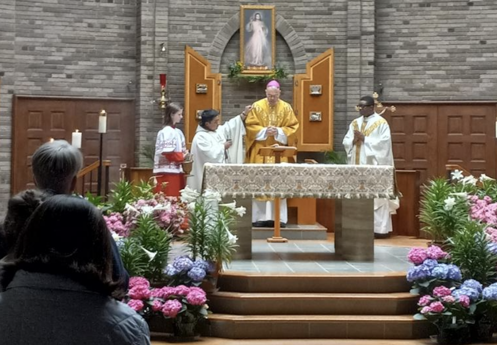 Bishop Franz-Peter Tebartz-van Elst during the early moments of the Mass he celebrated as part of the Family Life Conference in Tarrytown, Saturday, April 13, 2024.