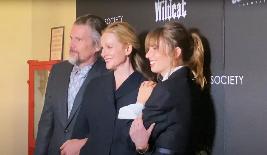From left: Ethan Hawke, Laura Linney, and Maya Hawke attend the premiere of "Wildcat," April 11, 2024, in Manhattan.